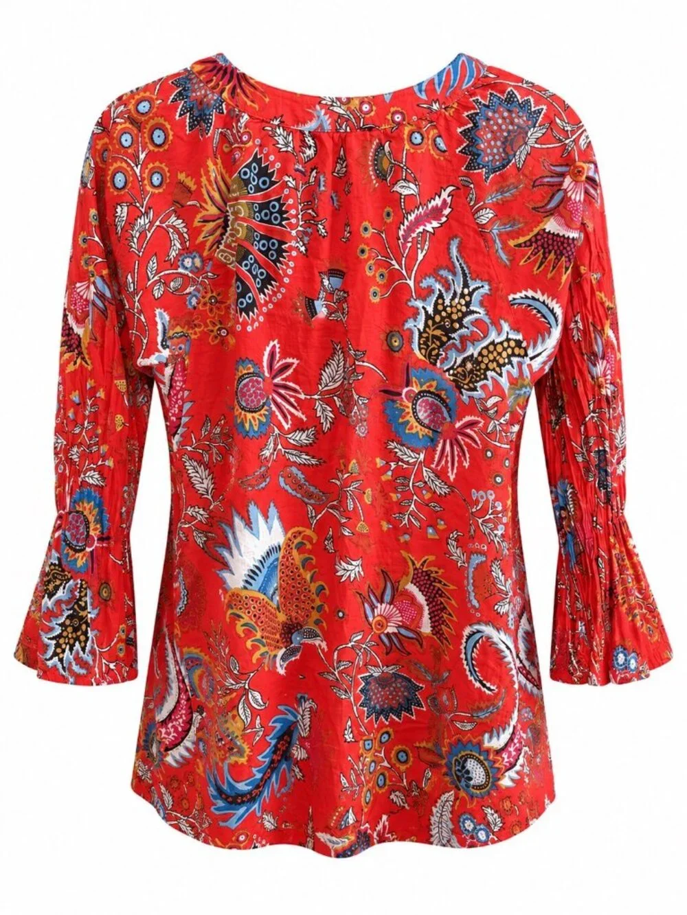 Raj Womens Red Floral Cotton Tunic Top W/ 3/4 Sleeves & Boho Print Size M